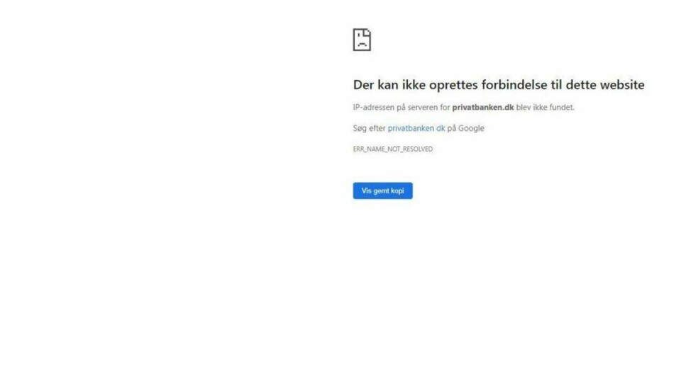 Privatbankens hjemmeside er onsdag forsvundet. Det er Facebook-siden dog ikke. Foto: Screenshot/Newsbreak