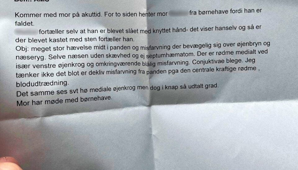 Her er, hvad lægen siger om drengens skader. Det afvises, at misfarvningerne ved øjnene kan være trukket ned fra panden.