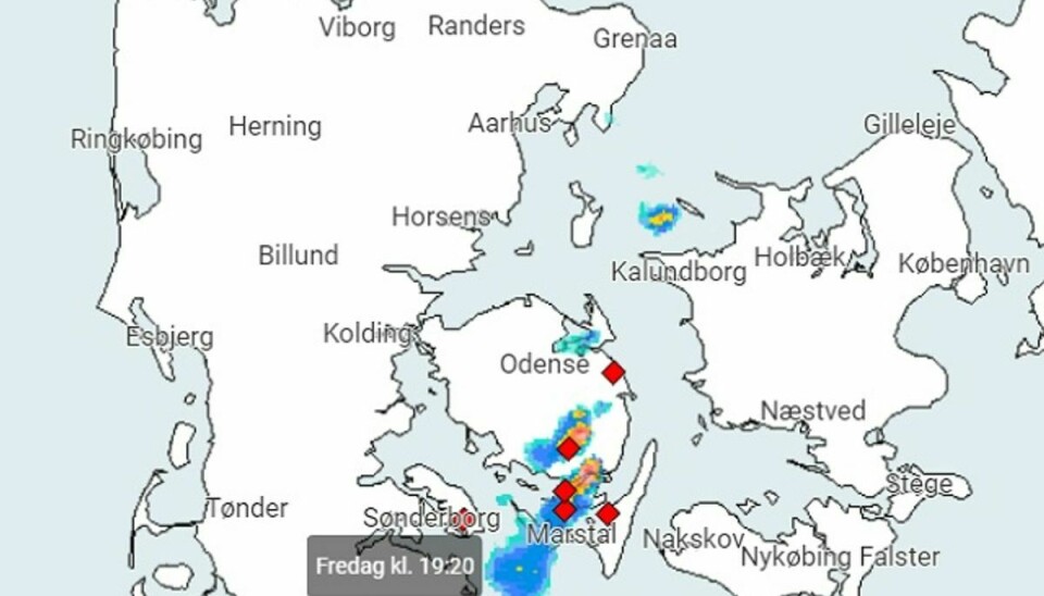 Her ses uvejret tydeligt over Svendborg-området. Foto: DMI