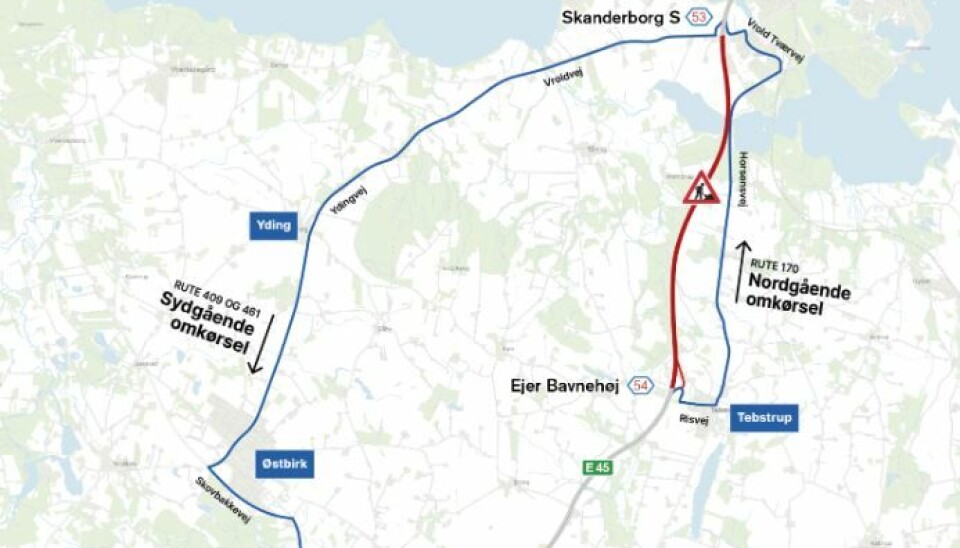 Der bliver lukket i 14 timer på E45 i weekenden.