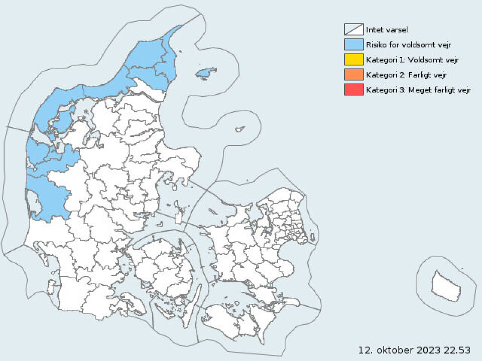 Det er de blå områder DMIs risikovarsel er gældende for.