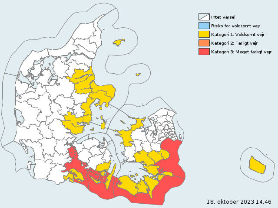 De røde områder er kategoriseret som 'farligt vejr' af instituttet.