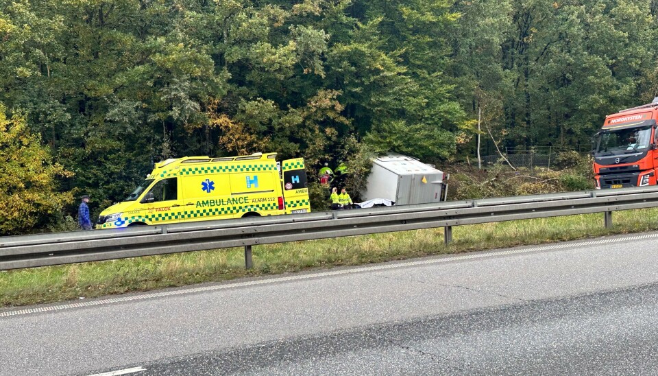 Bilen er endt ude mellem træerne langs Hillerødmotorvejen.