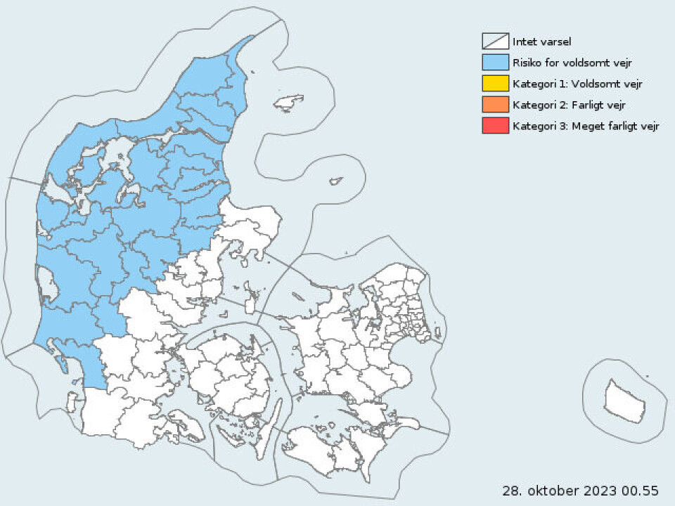 Det er i det blå område DMI har varslet risiko for mellem 30 og 50 mm regn fra lørdag nat og 24 timer frem.