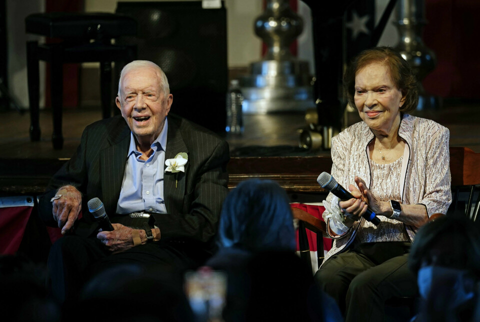 Tidligere præsident Jimmy Carter og hans hustru, tidligere førstedame Rosalynn Carter, under en reception i forbindelse med deres 75-års bryllupsdag i juli 2021.