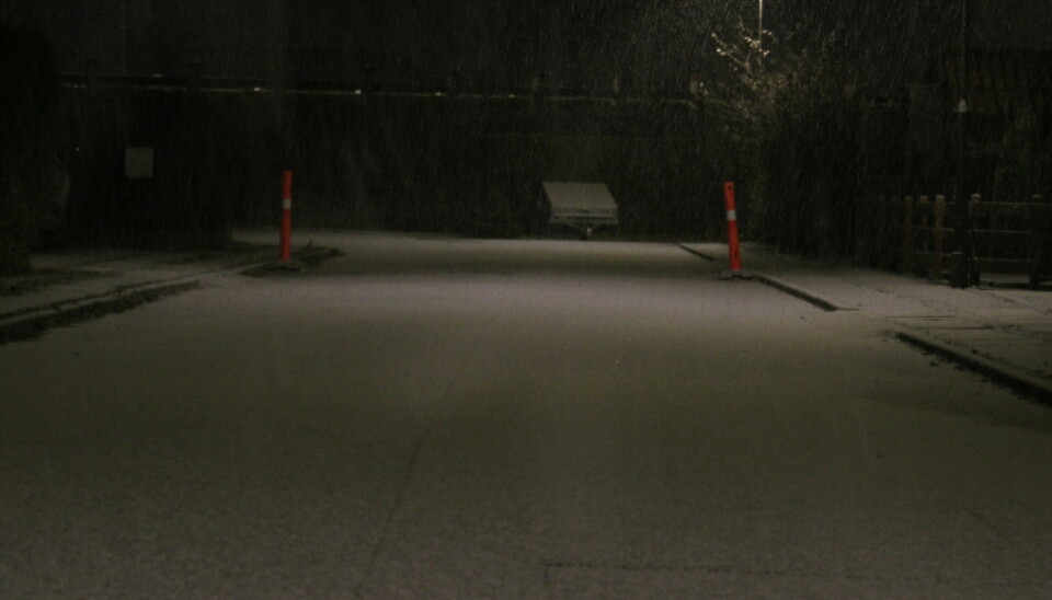Her falder sneen på Bornholm sent mandag eftermiddag.