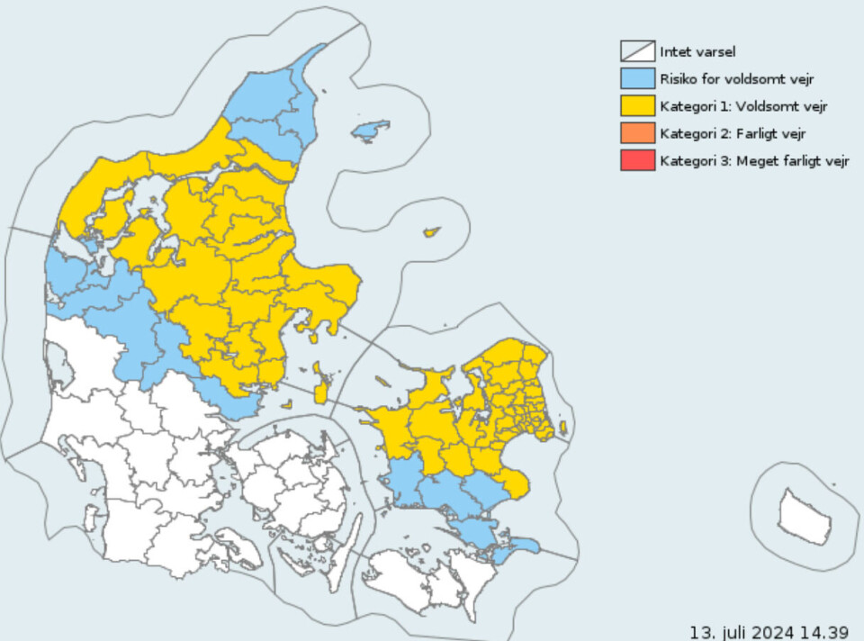 De gule områder er i risiko for voldsomt vejr