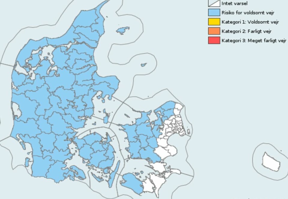 DMI varsler risiko for skybrud over det meste af landet.