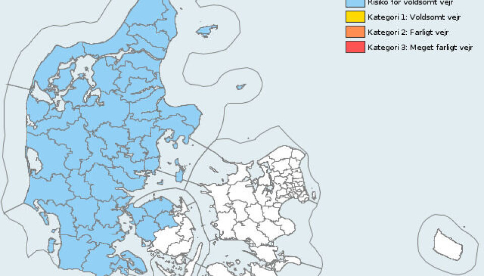 Det er Jylland og dele af Fyn, der er i risiko for at blive ramt af voldsomt vejr.