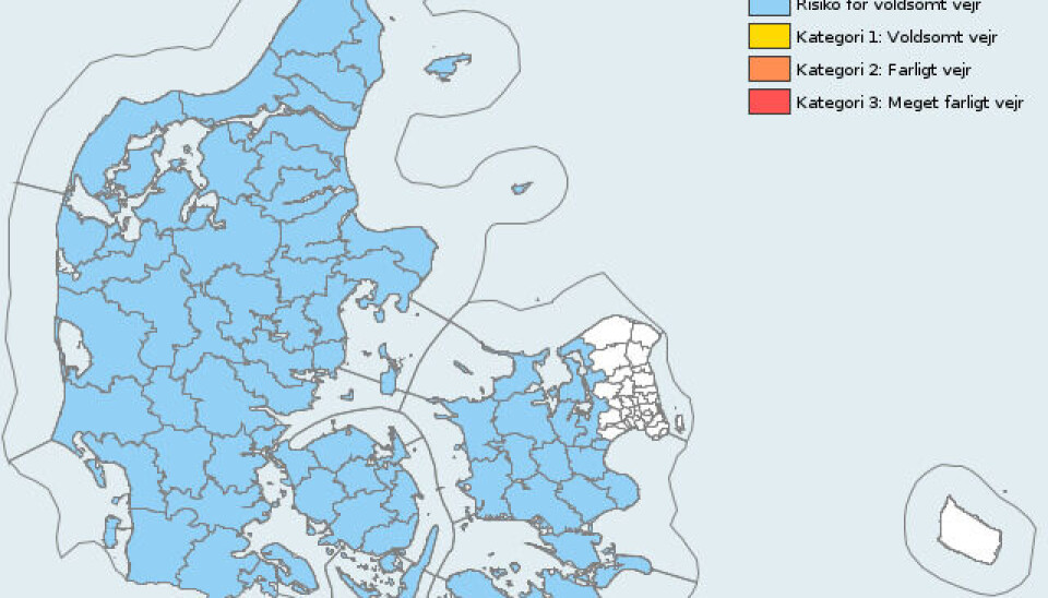 Sådan ser DMIs varslingskort ud gældende frem til klokken 05 natten til torsdag.