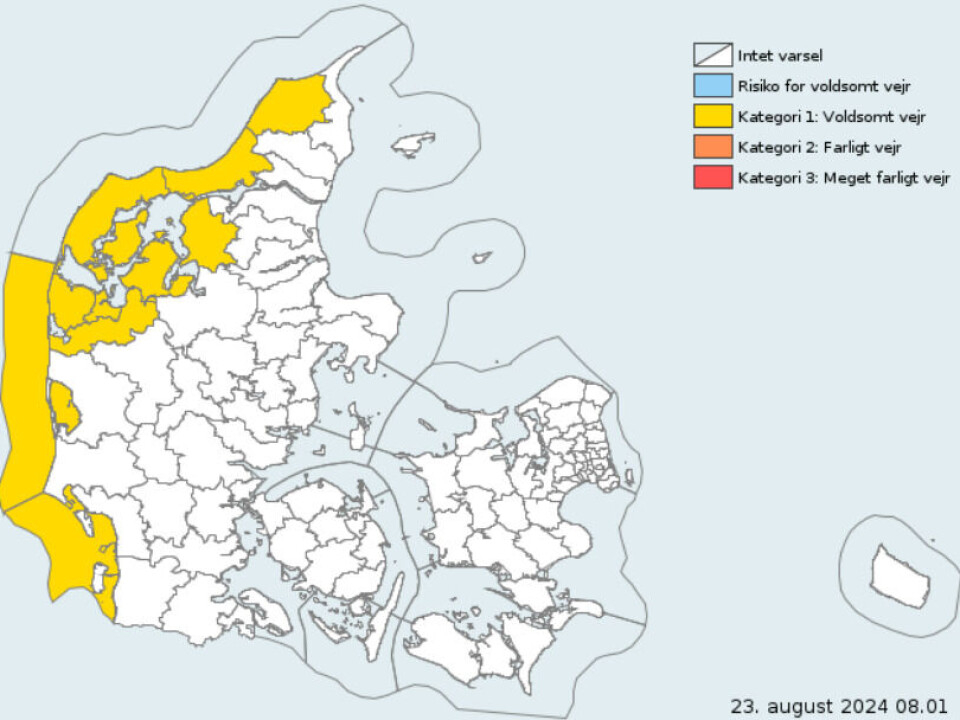 Der er risiko for vindstød af stormstyrke og derudover at vanstanden kan stige i Vadehavet.