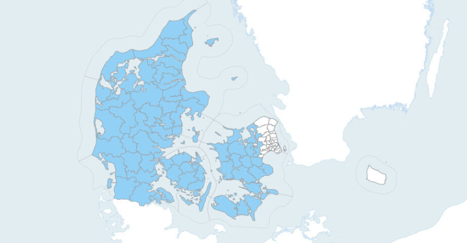 De blå dele af landet er i risiko for at få skybrud og torden i løbet af de kommende timer.
