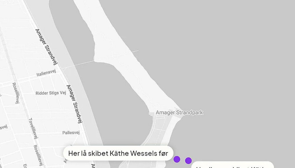 På kortet kan du se, hvor de to skibe er placeret ved Amager Strandpark.
