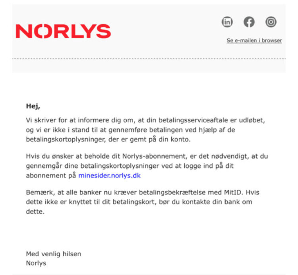 Sådan ser den falske mail ud, som flere lige nu modtager.