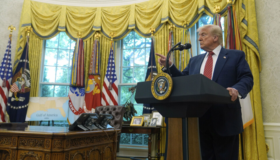 Billede af Trump, der onsdag taler til journalister i Det Ovale Værelse i Det Hvide Hus. Det er også her, der ifølge ham torsdag vil være pressekonference om en handelsaftale.