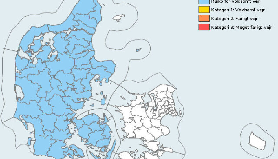 Risikoen for skybrud er størt i Jylland og på Fyn, oplyser Danmarks Meteorologiske Institut.