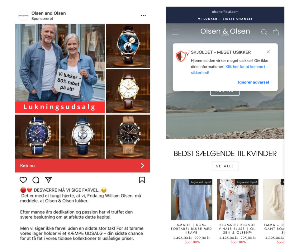 Her er et eksempel på en reklame for en af de falske butikker, som forsøger at slå plat gennem AI-generede billeder.