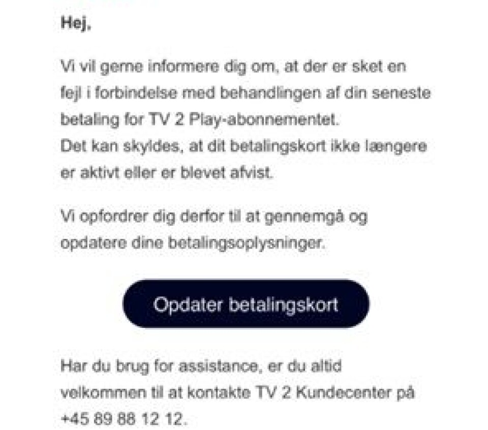 Her er et eksempel på de falske mails.