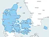 Kort over Danmark med lyseblå markerede områder rundt om landets kyster.