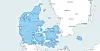 Kort over Danmark markeret i blå med omgivende dele af Sverige og Tyskland.