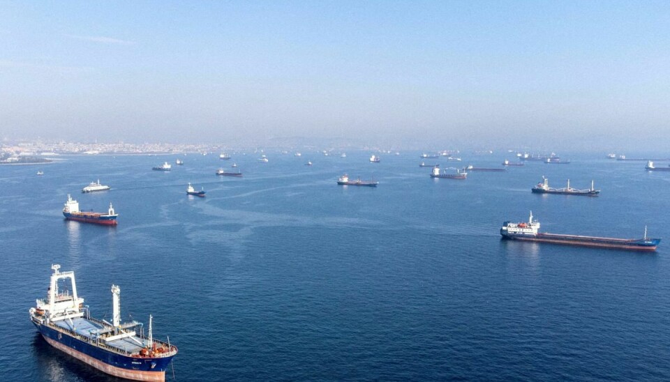 Et stort antal skibe ventede i oktober sidste år på at passere gennem Bosporus-strædet med tonsvis af korn fra Ukraine. Men nu har Rusland trukket sig fra aftalen og siger, at skibe på Sortehavet med kurs mod Ukraine vil blive mistænkt for at sejle med en 'militær last'. (Arkivfoto)