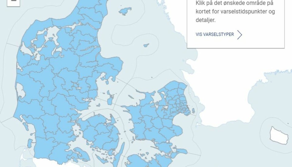 Alt det blå er i risiko for at blive ramt af torden og skybrud.