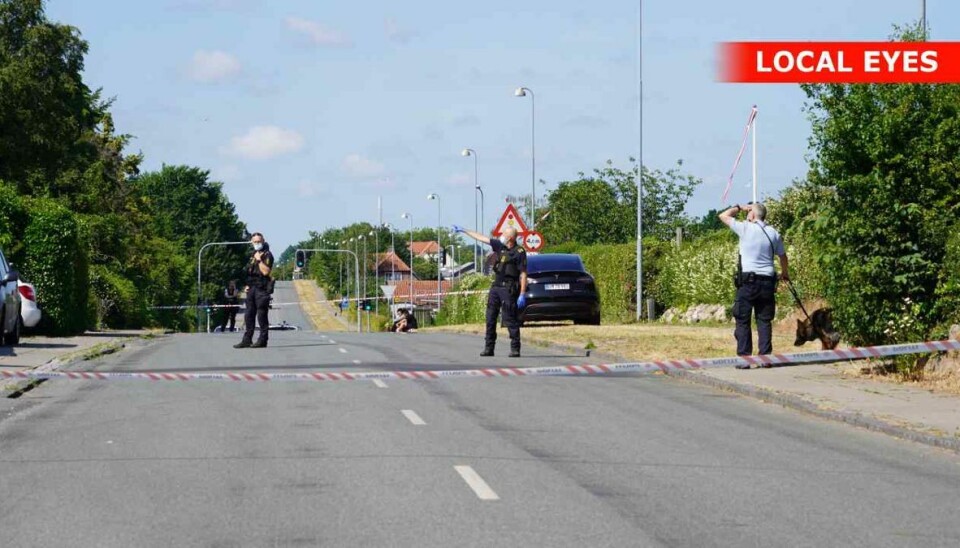 Både betjente og hunde finkæmmer stedet efter meldinger om et muligt skyderi området. Både betjente og hunde finkæmmer stedet efter meldinger om et muligt skyderi området.