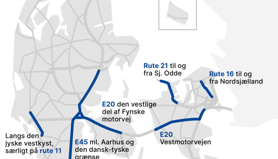 Her er strækningerne hvor forventer tæt trafik på udvalgte tidspunkter.Vejdirektoratet Her er strækningerne hvor Vejdirektoratet forventer tæt trafik på udvalgte tidspunkter.