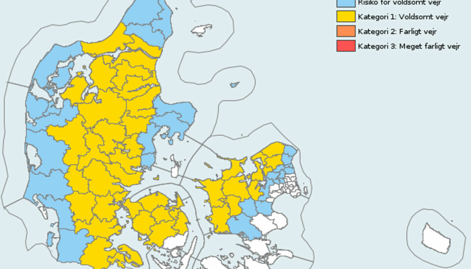 Det er i den centrale del af Jylland, Fyn og Nordvestsjælland, der er udsendt et decideret varsel for. For resten af Danmark er der kun udsendt en risikomelding.