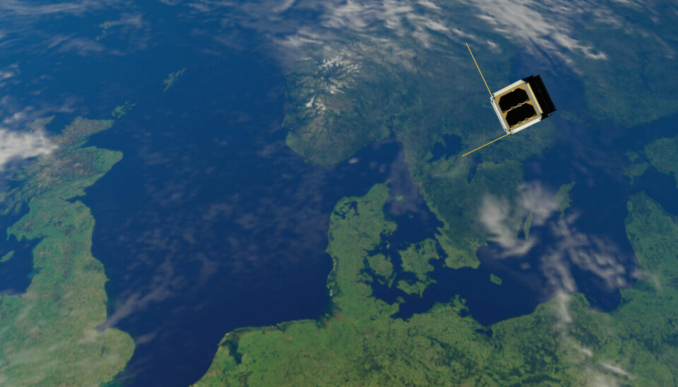 Her ses en illustration af satellitten over Danmark.