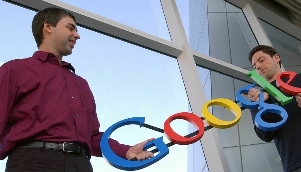 Her ses de to Google-stiftere - Larry Page (til venstre) og Sergey Brin (til højre) - i 2004, inden selskabet gik på børsen. (Arkivfoto).
