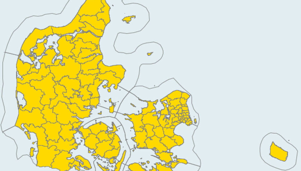 Varslet gælder hele Danmark fra fredag eftermiddag til lørdag morgen. Varslet gælder hele Danmark fra fredag eftermiddag til lørdag morgen.