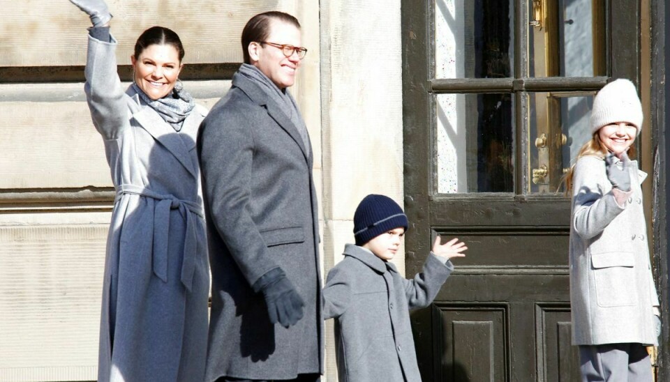 Den svenske kronprinsessefamilie. Kronprinsesse Victoria. prins Daniel, prins Oscar og prinsesse Estelle.