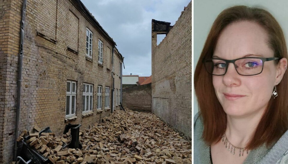 Lea Elisabeth Mortensen må nu flytte ud af sin lejlighed, fordi en mur væltede ned over den bygning, hun bor i.