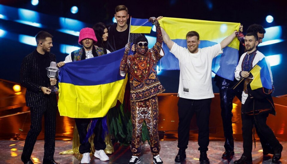 Kalush Orchestra fra Ukraine på scenen ved Eurovision Song Contest i Turin i Italien efter de vinder i 2022. Kalush Orchestra fra Ukraine på scenen ved Eurovision Song Contest i Turin i Italien efter de vinder i 2022.