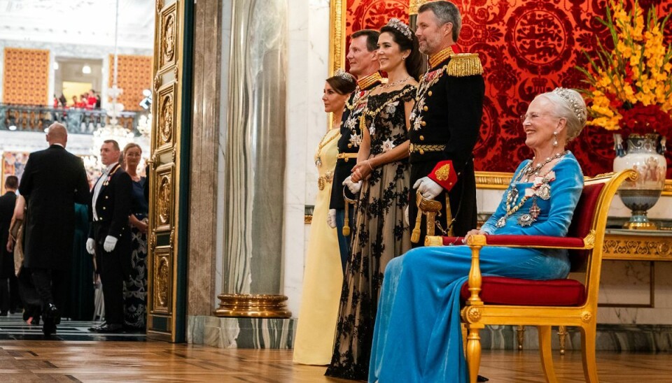 Dronning Margrethe, Kronprins Frederik, Kronprinsesse Mary, Prins Joachim og Prinsesse Marie se her ved gallamiddag på Christiansborg Slot under fejringen af dronningens 50-års regeringsjubilæum i København søndag den 11. september 2022.