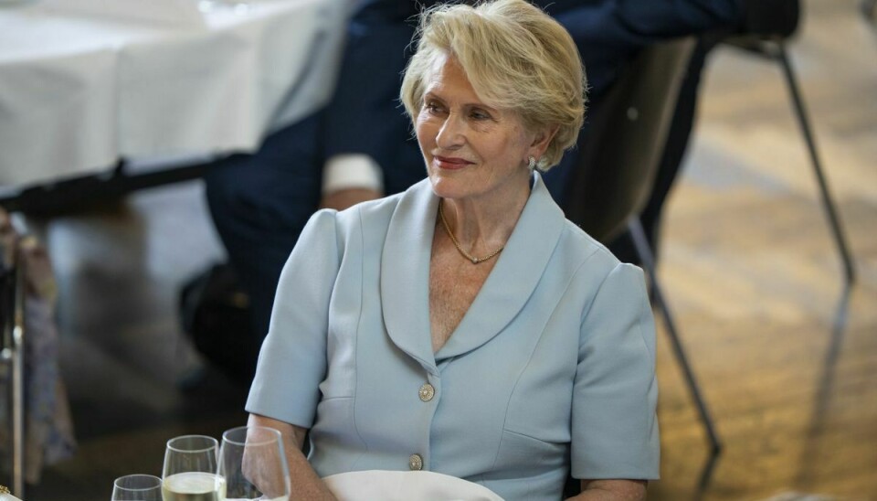 Her ses Karin Salling i juni til frokost på Aarhus Rådhus, da det norske kongepar var på besøg. 15. juli fylder hun 80 år. (Arkivfoto).