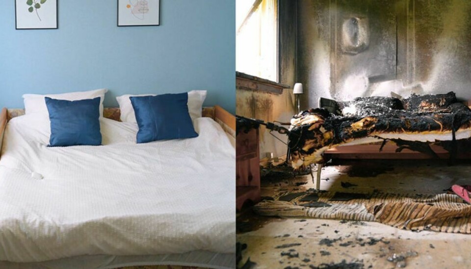 Til venstre ses en normal seng i et soveværelse. Til højre ses en brændt seng, efter et stykke elektronik er overophedet under en opladning.