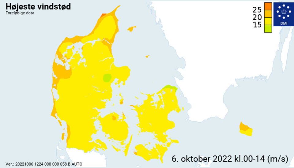 Her ses et kort over dagens højeste vindstød. Her ses et kort over dagens højeste vindstød.