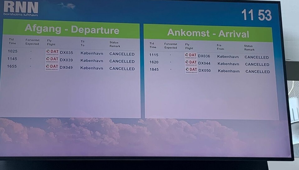 Skærm i Bornholms Lufthavn lørdag den 27.august 2022. Her var der også aflysninger. (Arkivfoto) Skærm i Bornholms Lufthavn lørdag den 27.august 2022. Her var der også aflysninger. (Arkivfoto)