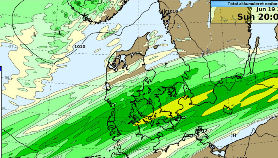 Forventede nedbørsmængder til søndag aften.