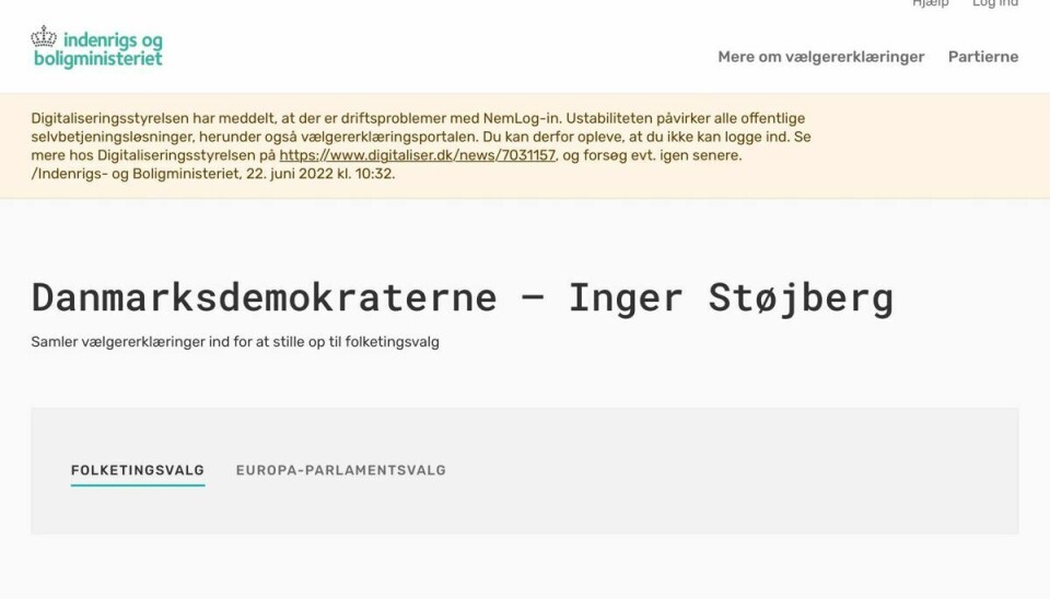 Sådan ser beskeden torsdag formiddag ud fra Indenrigs- og Boligministeriet for nogle af dem, der forsøger at afgive en vælgererklæring til støtte for 'Danmarksdemokraterne'.