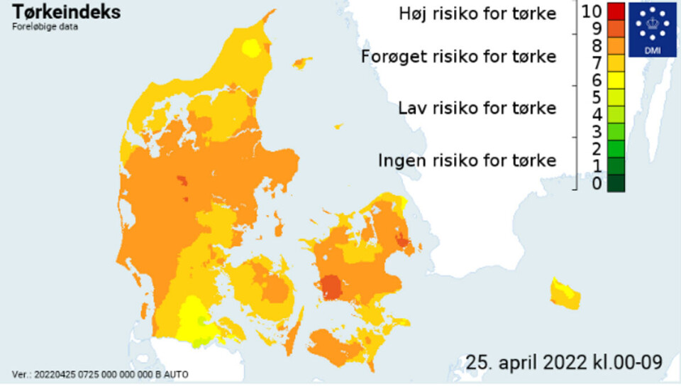 Der er tale om høj risiko for tørke, når indekset er over 9.