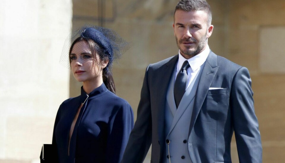 David Beckham og fru Victoria ankommer her til prins Harrys og hertuginde Meghans bryllup den 19. maj. 2018.