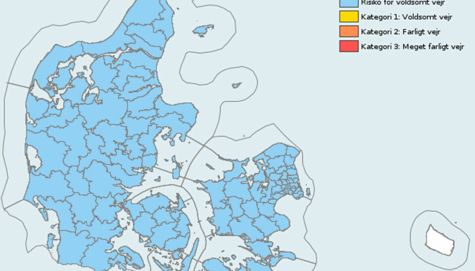 DMI har sendt varsel ud for stort set hele Danmark - med undtagelse af Bornholm. Varslet gælder fra klokken 14 til klokken 23 søndag.