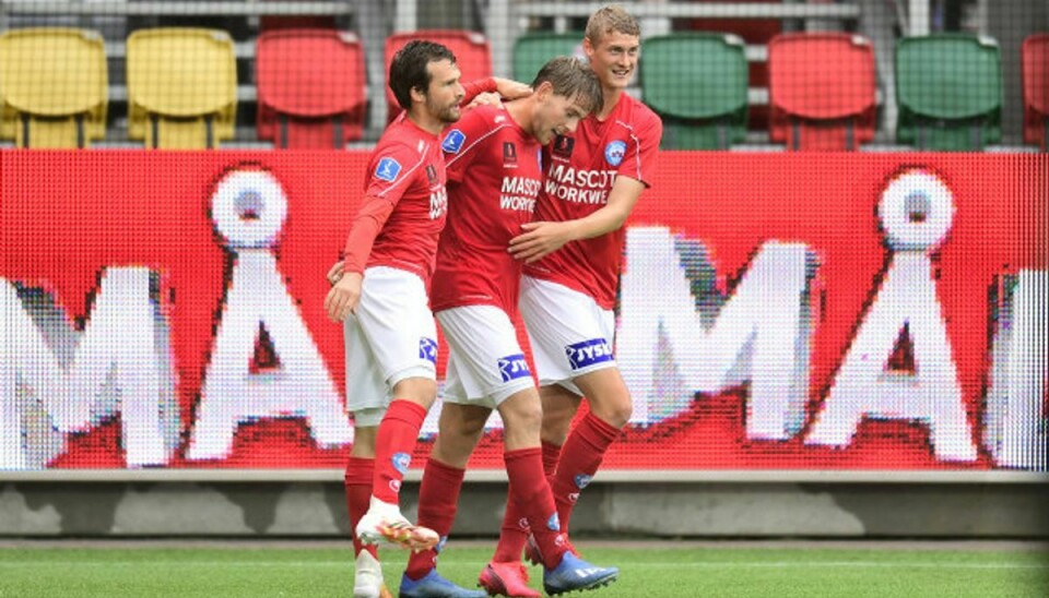 Det var kun Silkeborg-spillerne, der havde noget at glæde sig over i kampen mod Lyngby. Foto: Bo Amstrup/Scanpix