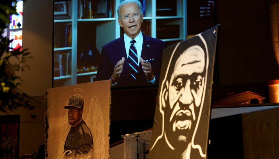 Joe Biden deltog ikke tirsdagens begravelse af George Floyd, men havde sendt en videobesked, der blev vist under ceremonien. Foto: Pool/Reuters