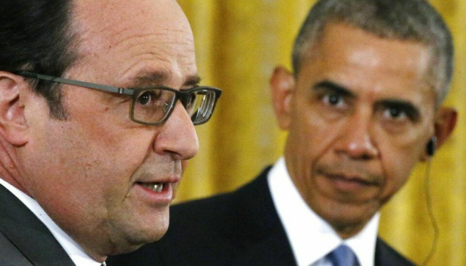 Den franske præsident Francois Hollande har holdt møde med den amerikanske ditto Barack Obama om truslen fra – og offensive mod -Islamisk Stat. Foto: Jonathan Ernst/Scanpix