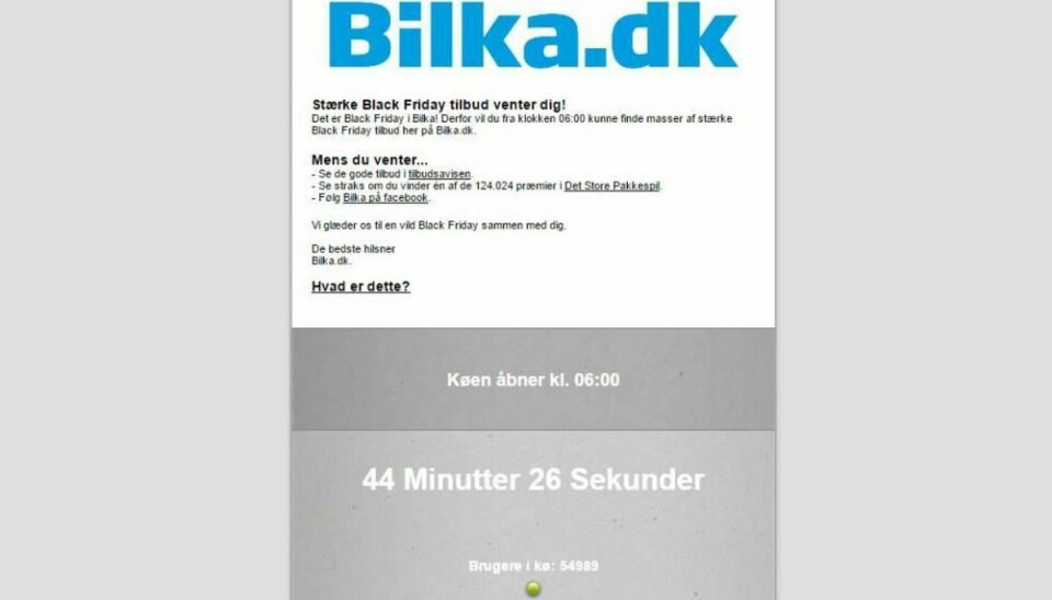 Der er kø for at komme ind på Bilkas hjemmeside. Screendump.