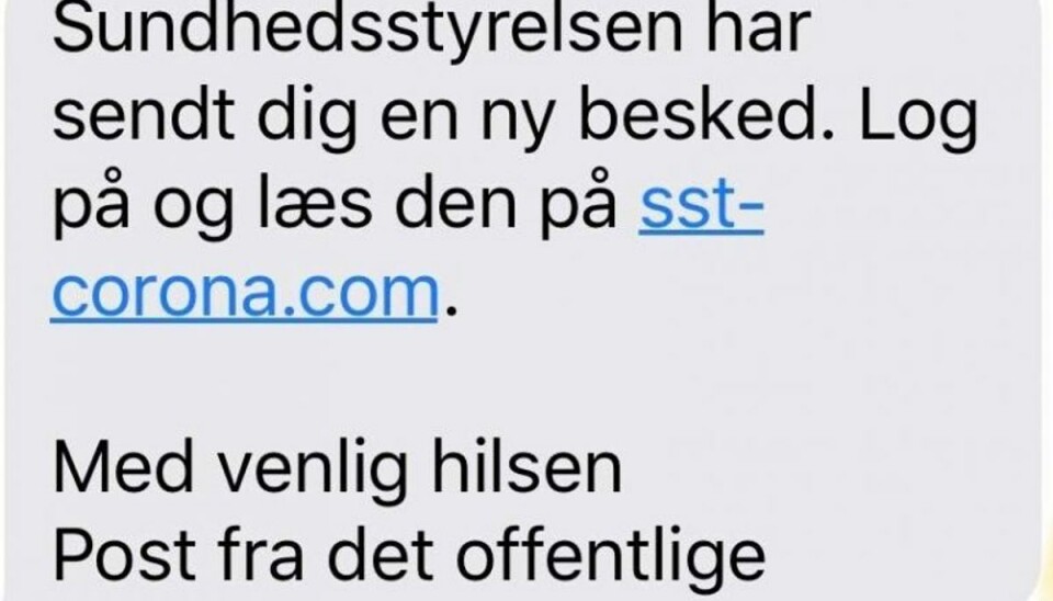 Sådan ser svindel-sms’en ud. Foto: Sundhedsstyrelsen Sådan ser svindel-sms’en ud. Foto: Sundhedsstyrelsen